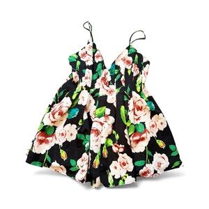 By Together You & I Floral Print Romper Black Pink Green V-Neck Size L